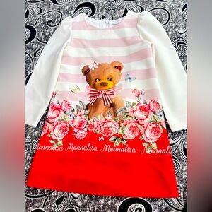 MonnaLisa Striped Dress with Bear and Floral Accents